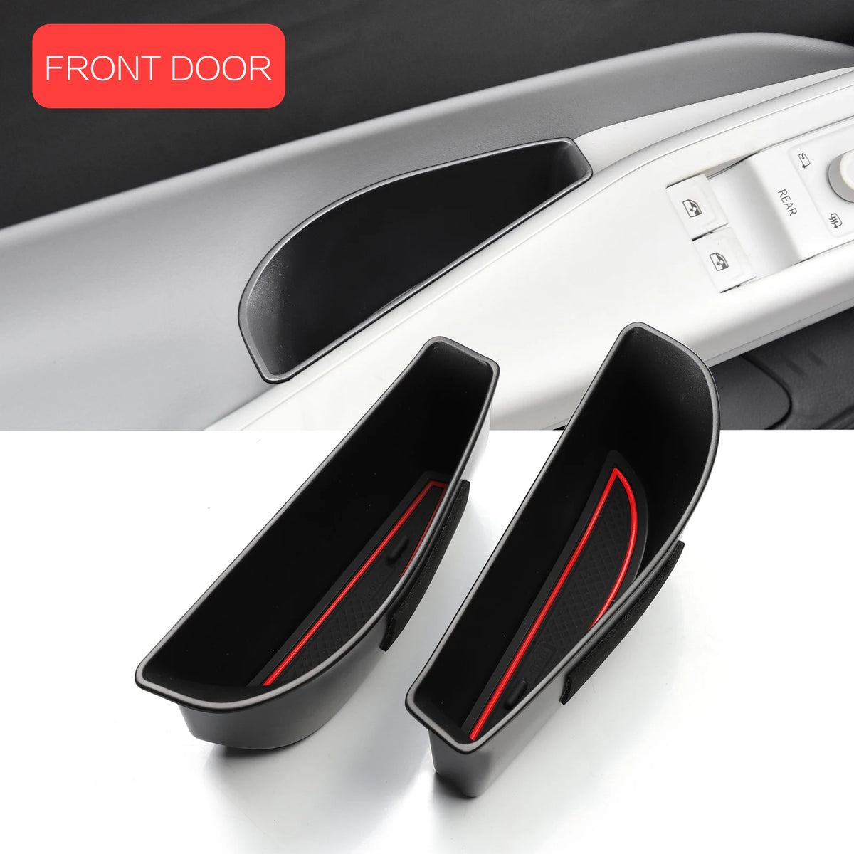 FanzyMarket car door handle storage tray organizer for ID.4, front and rear armrest holders, with red trays for interior storage.