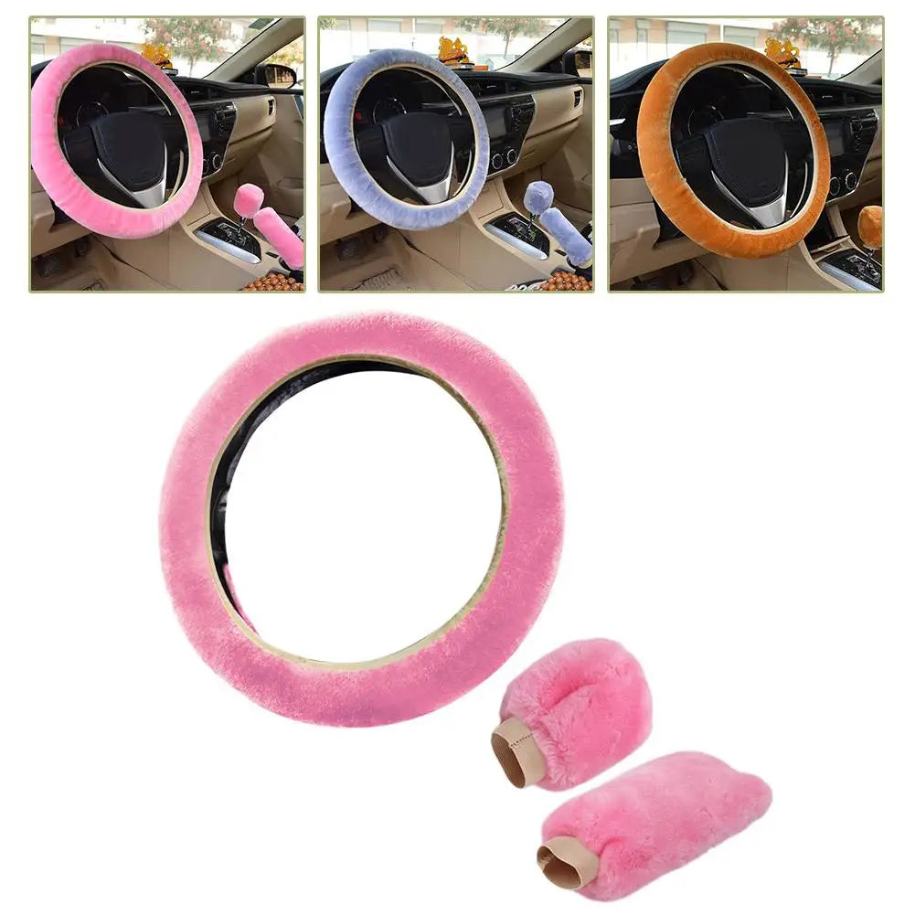 FanzyMarket plush faux fur steering wheel cover, universal 37-38 cm, soft, warm, anti-slip car interior accessory.