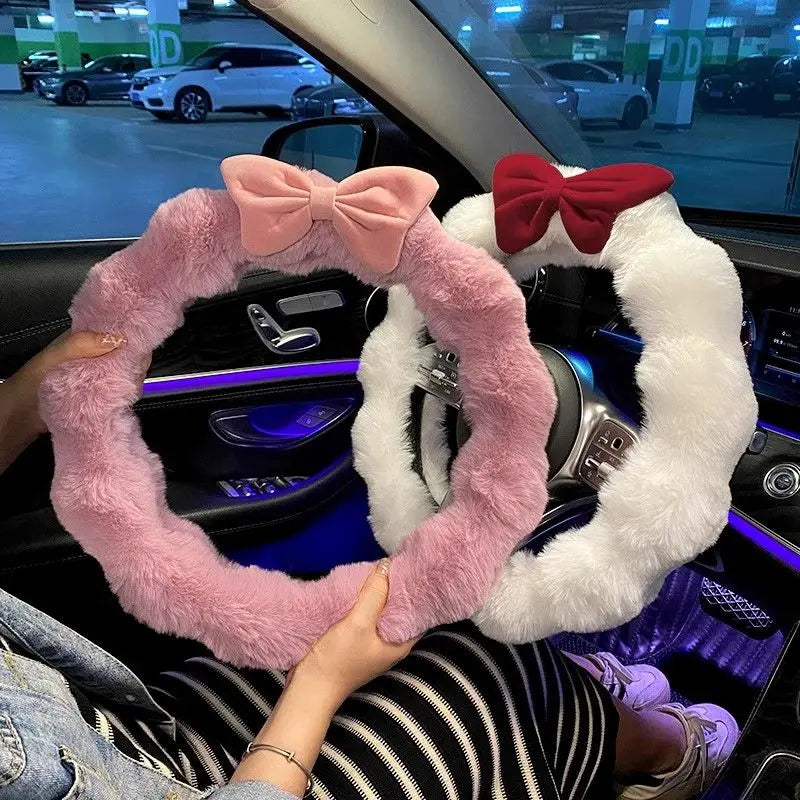 FanzyMarket plush velvet steering wheel cover for winter, soft and cute car interior accessory for women, fits standard steering wheels.