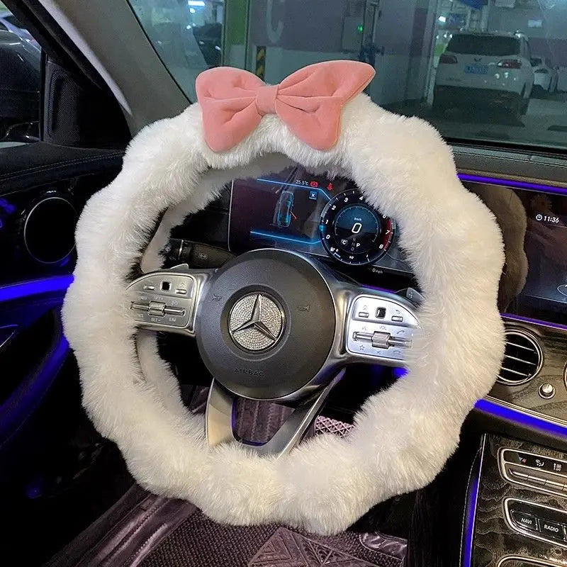FanzyMarket plush velvet steering wheel cover, soft winter car handlebar accessory, designed for women, high-end interior decor.