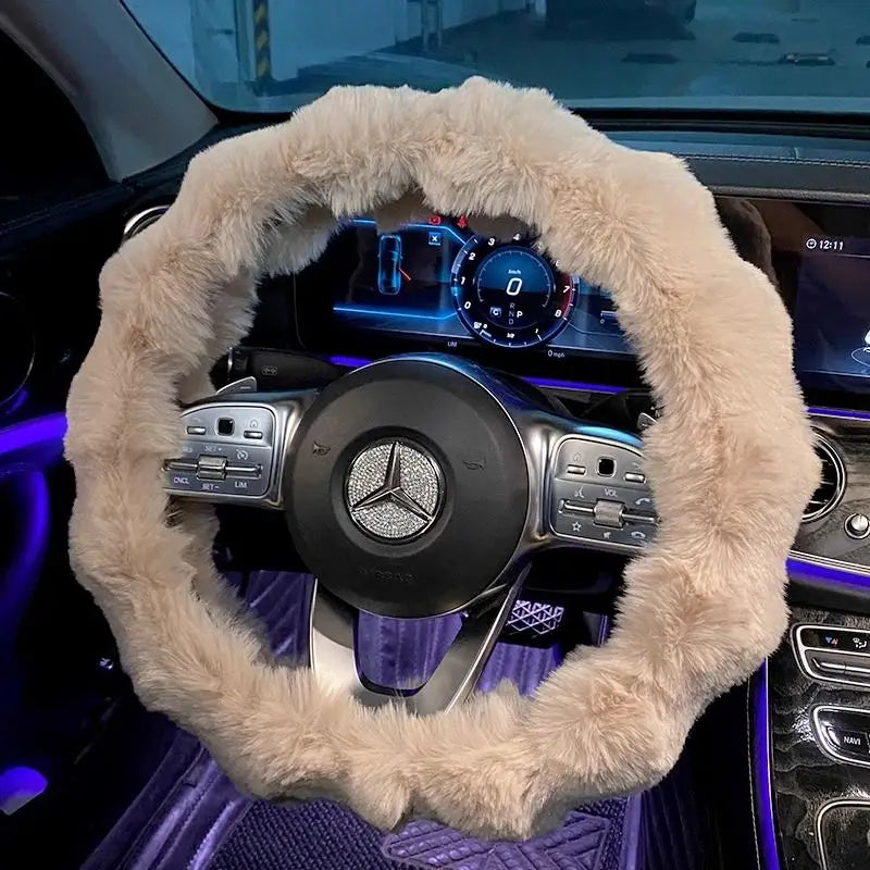 FanzyMarket plush velvet steering wheel cover for winter, soft and cute car interior accessory for women.