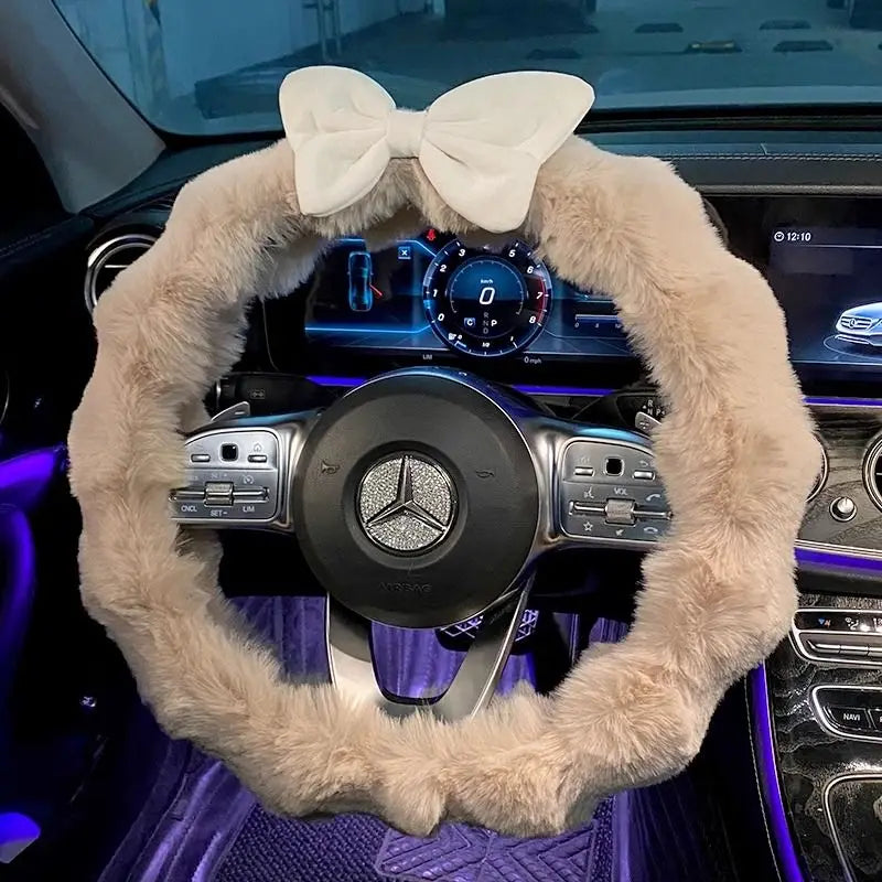 FanzyMarket plush velvet steering wheel cover for winter, soft and cute interior car accessory, fits women’s car handles.