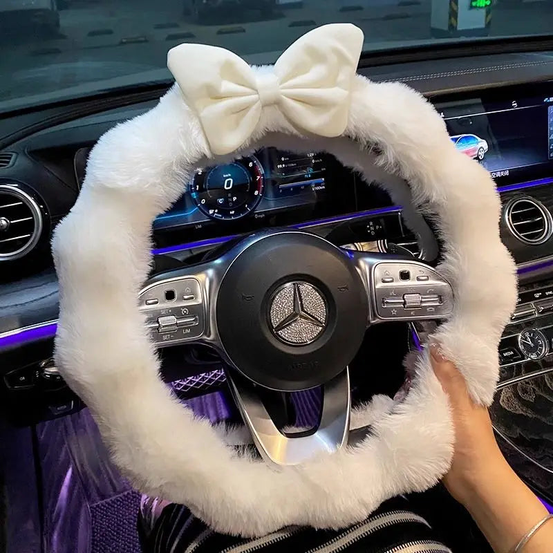 FanzyMarket plush velvet steering wheel cover for winter, soft, high-end car interior accessory, designed for women.