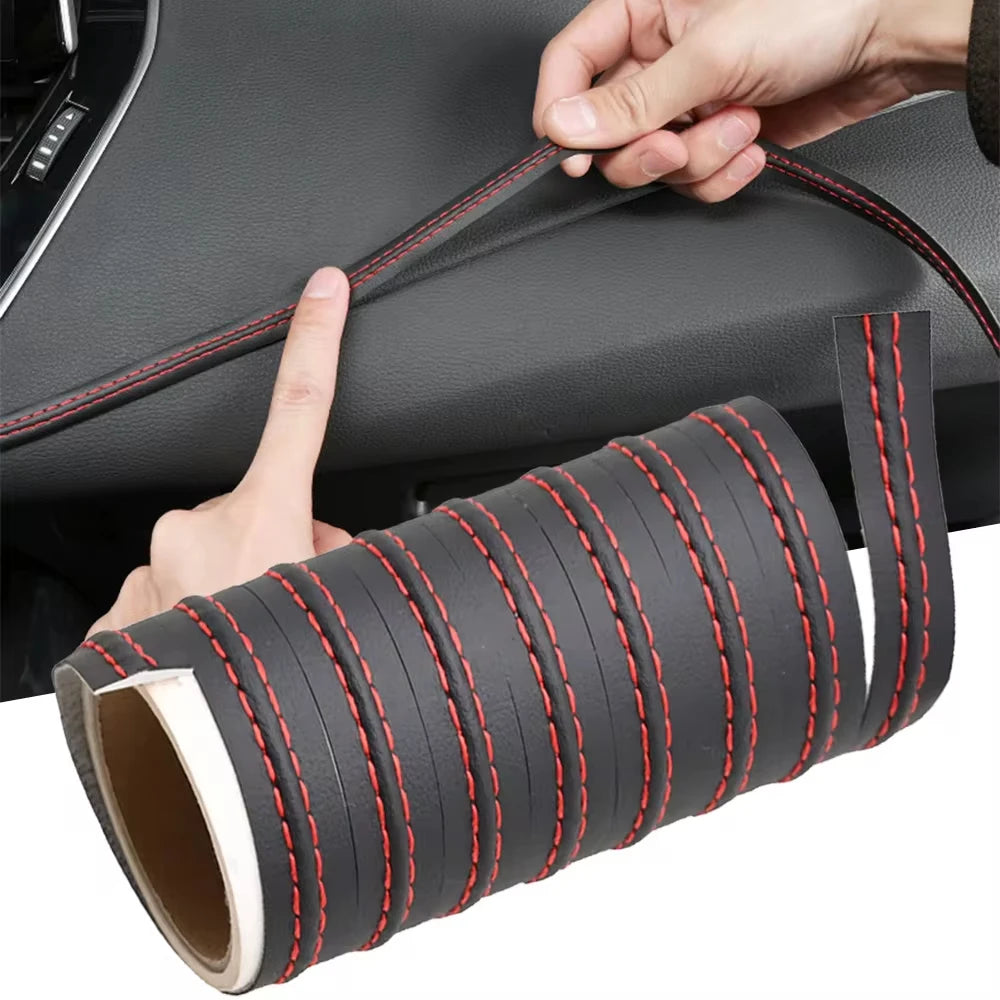 Red PU leather car trim braid for dashboard and door, self-adhesive decorative strip from FanzyMarket for vehicle interior molding.