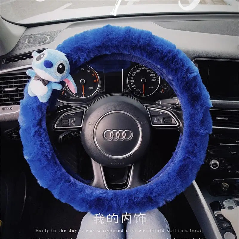 FanzyMarket Stitch plush steering wheel cover, soft and warm, fitting most car steering wheels for cozy winter driving.