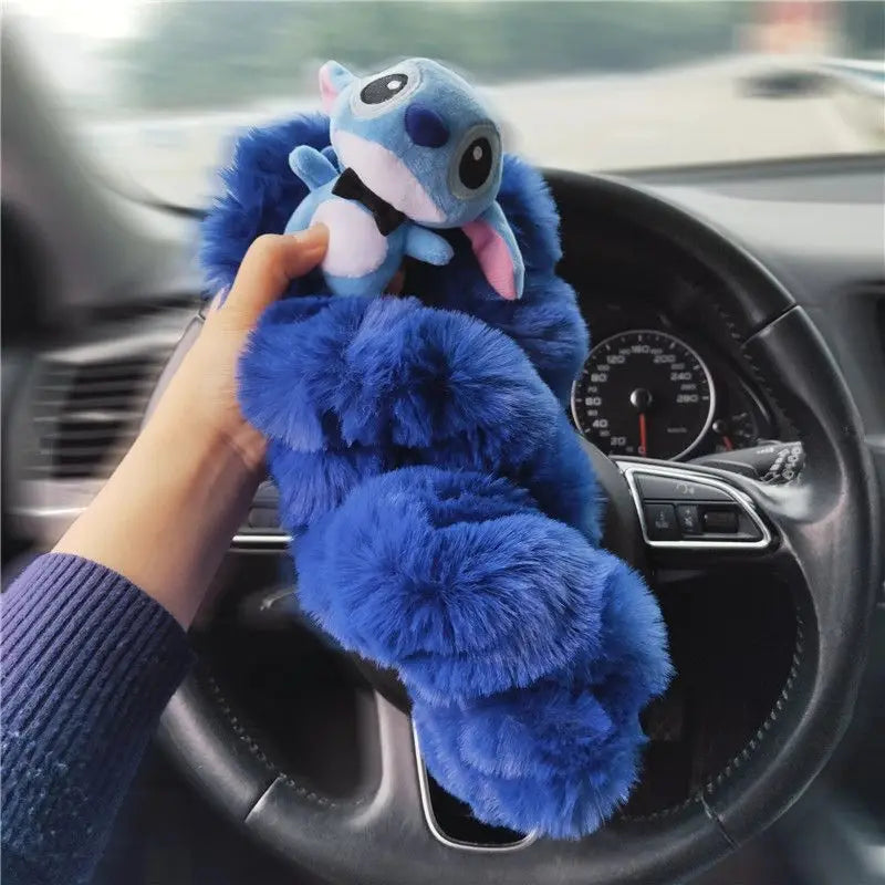 FanzyMarket Stitch plush steering wheel cover, universal stretch fit, winter warm car accessory for comfortable grip and cozy driving.