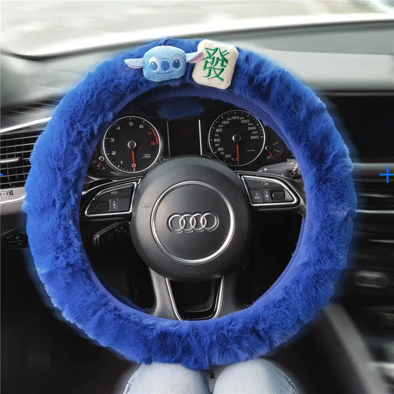 FanzyMarket Stitch plush steering wheel cover, universal stretch winter warm car accessory, soft, cozy interior auto decor.