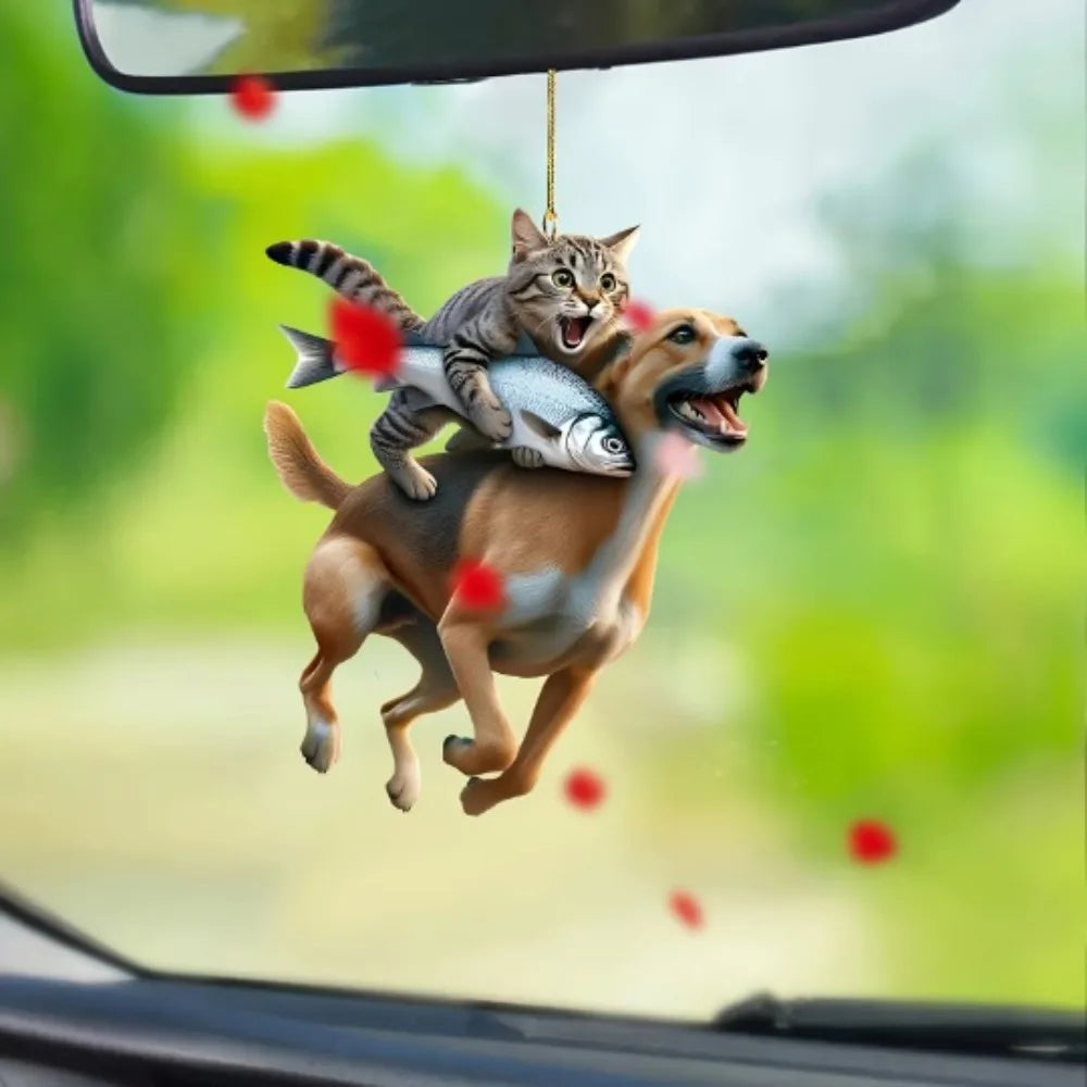 Cute cat-shaped rearview mirror ornament hanging inside a car, decorative pendant for auto interior by FanzyMarket.