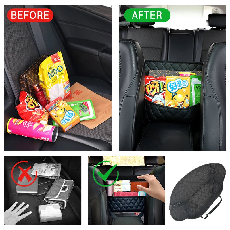 Leather car seat middle hanger organizer by FanzyMarket with large capacity, tissue and cup pockets between car seats.