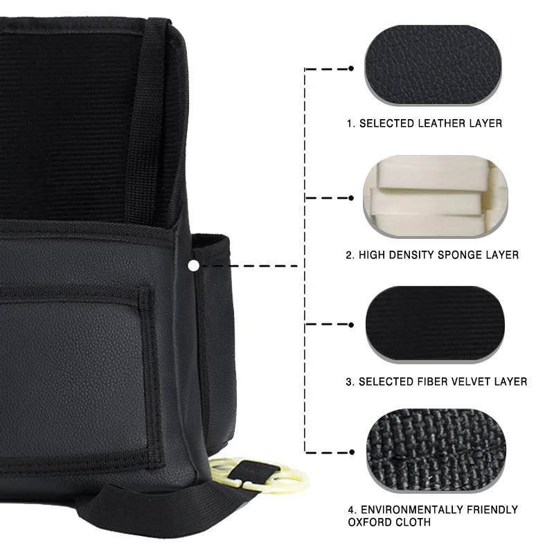 Leather car seat middle hanger organizer by FanzyMarket with large capacity, tissue and cup pockets between car seats.