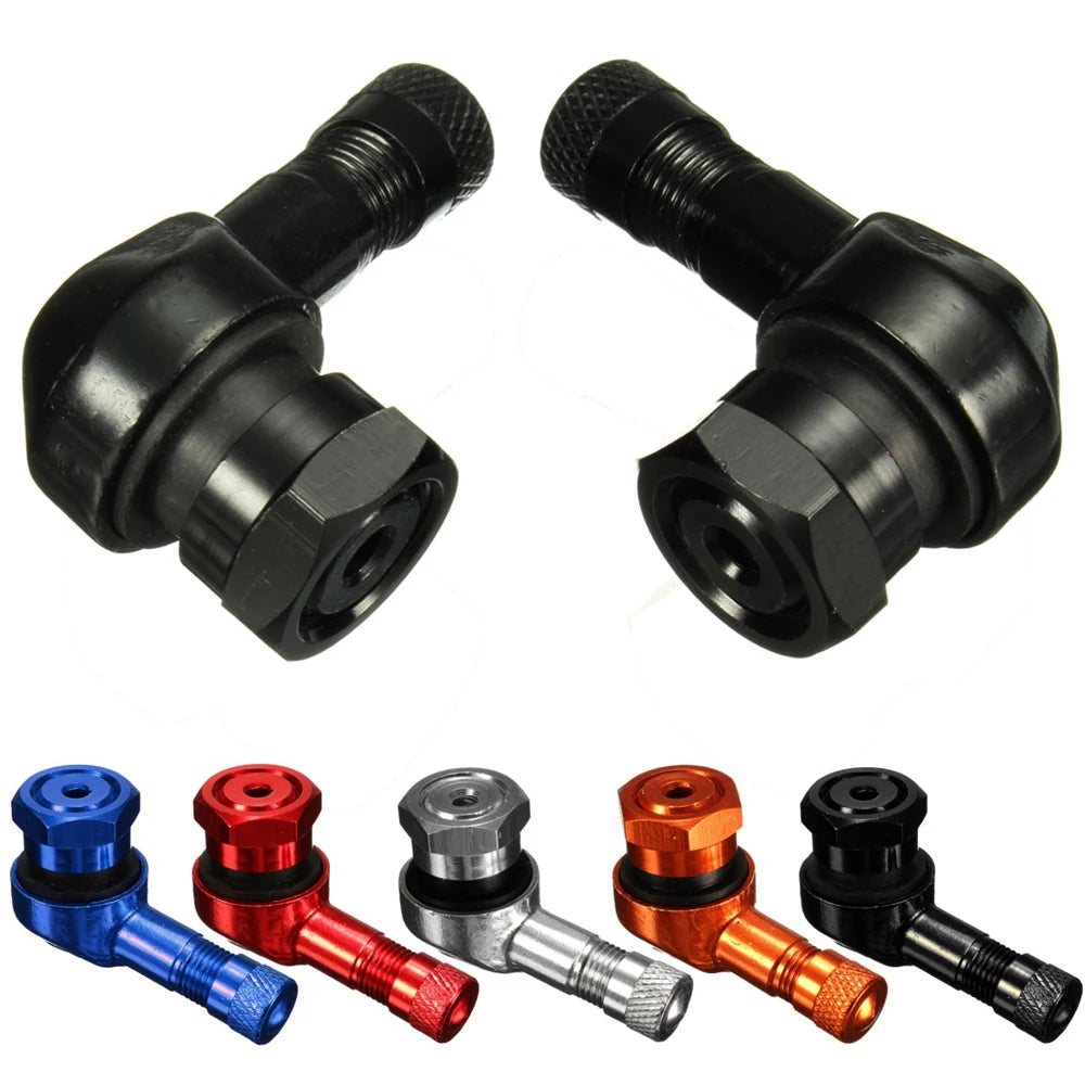 Two aluminum motorcycle tubeless valve stem caps in silver, 90° angle, 11.3mm fit, designed for motorcycle tire valves.