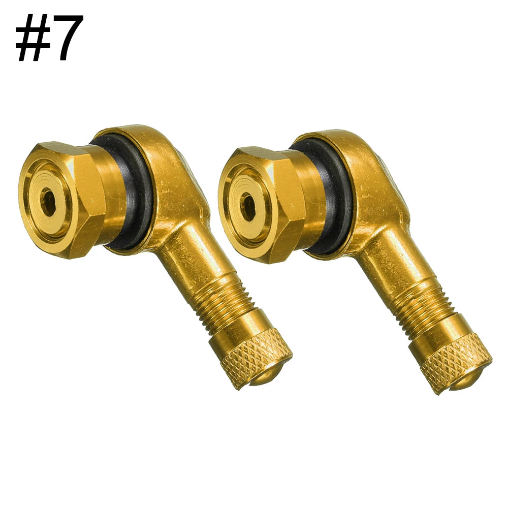 Two aluminum motorcycle tubeless valve stem caps in silver, designed for 90° fit, 11.3mm size, by FanzyMarket.