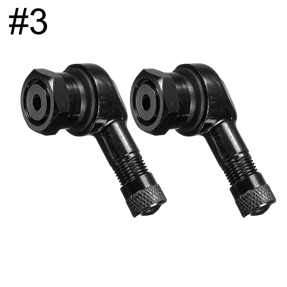 Two aluminum motorcycle tubeless valve stem caps, 90° fit, 11.3mm, designed for motorcycle gear by FanzyMarket.