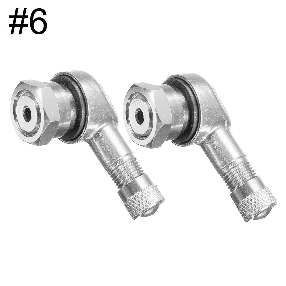 Two aluminum motorcycle tubeless valve stem caps, 90° angle, 11.3mm fit, designed for motorcycle tires, by FanzyMarket.