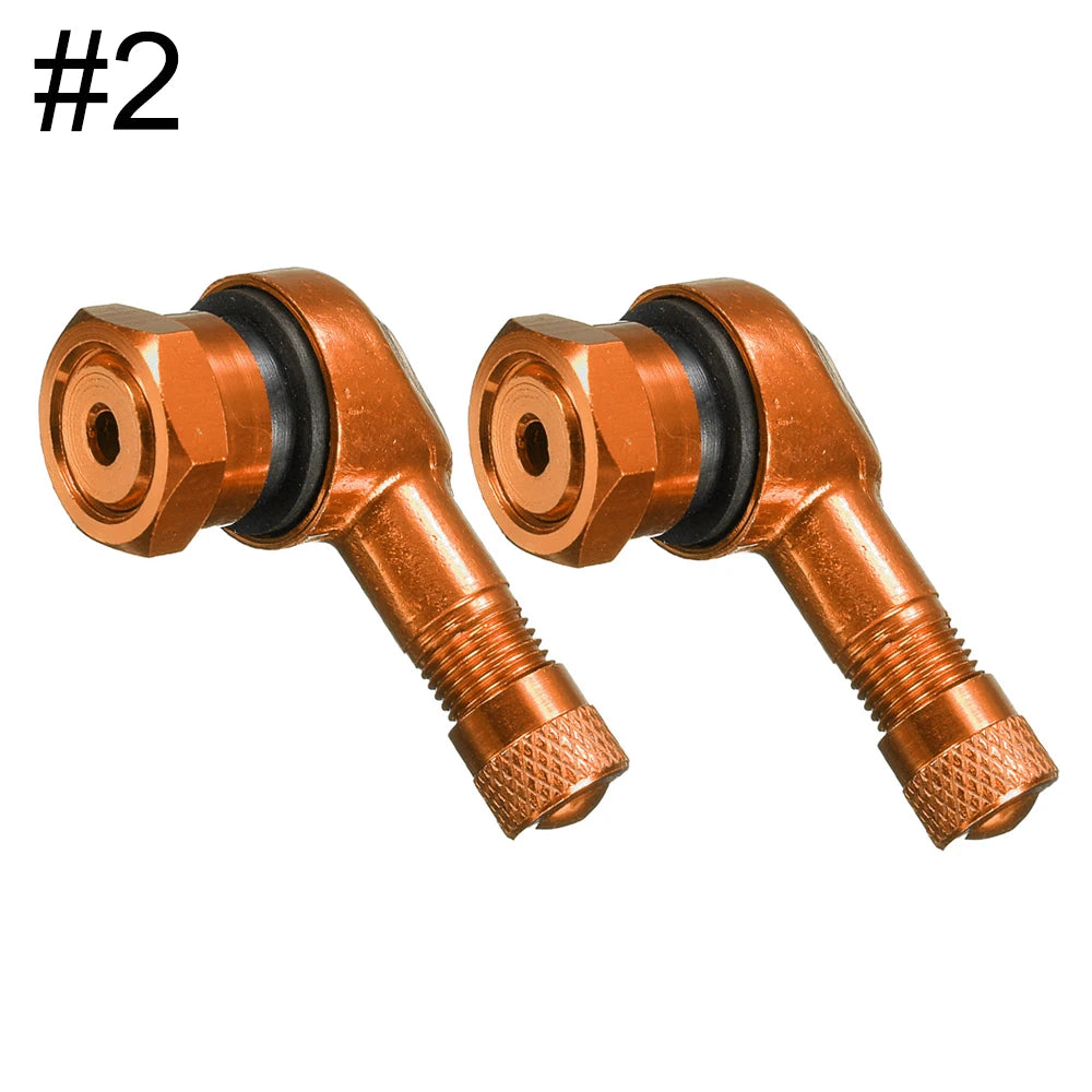 Pair of FanzyMarket aluminum motorcycle tubeless valve stem caps, 11.3mm fit, 90° angle, durable auto and moto motorcycle gear