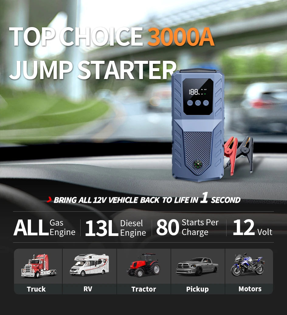 FanzyMarket 12V portable car jump starter power bank with 2000A/3000A for emergency auto and motorcycle starting, compact and reliable.