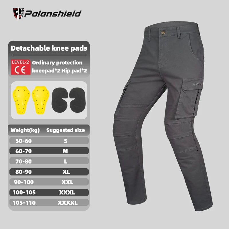 Black motorcycle riding pants by FanzyMarket with detachable armor, anti-fall and anti-tear features for off-road all-season riding.