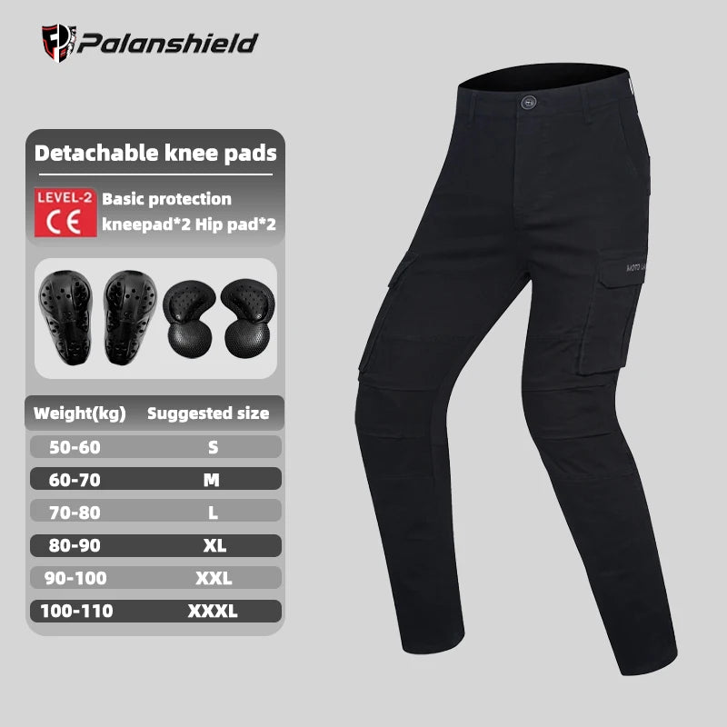 FanzyMarket black motorcycle riding pants with detachable armor, anti-fall, anti-tear, retro off-road design, all-season motorcycle gear.