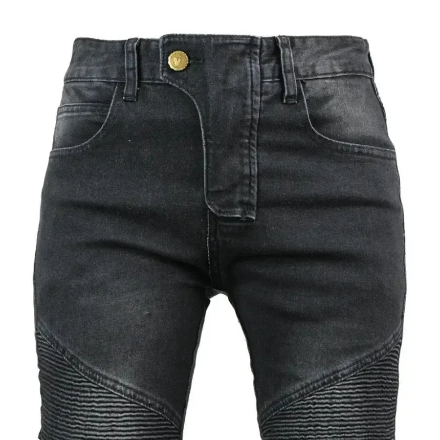 Black women's motorcycle riding jeans by FanzyMarket with windproof, waterproof, and anti-tear features, straight fit for all-season riding.