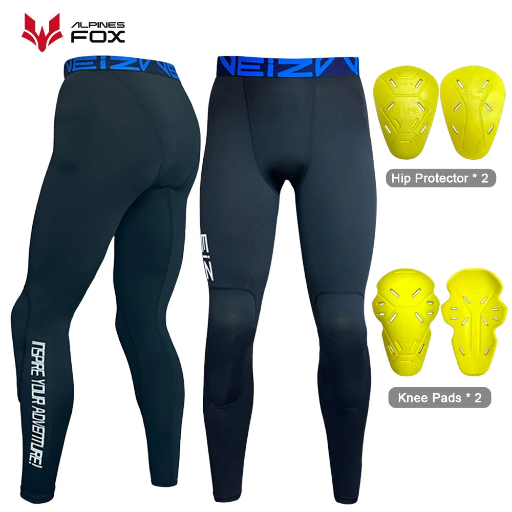 Black motorcycle compression riding pants by FanzyMarket with breathable mesh fabric, CE knee and hip protectors for motocross riding.