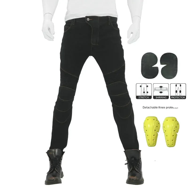 Black men's motorcycle riding jeans by FanzyMarket with protective padding, designed for moto touring and motocross riding.