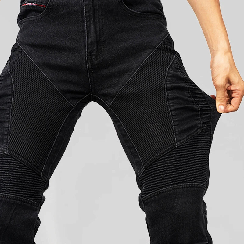 Blue and black men's motorcycle riding pants with removable armor, breathable mesh design, from FanzyMarket, for touring and motocross riding.