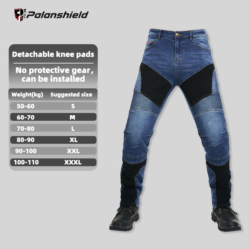 Men's motorcycle riding pants with removable armor, breathable mesh panels, in blue and black, designed for touring and motocross riding.