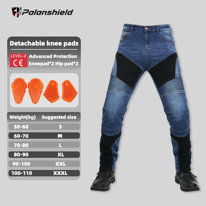 Men's motorcycle riding pants with removable armor, breathable mesh, in blue and black, designed for touring and motocross riding.