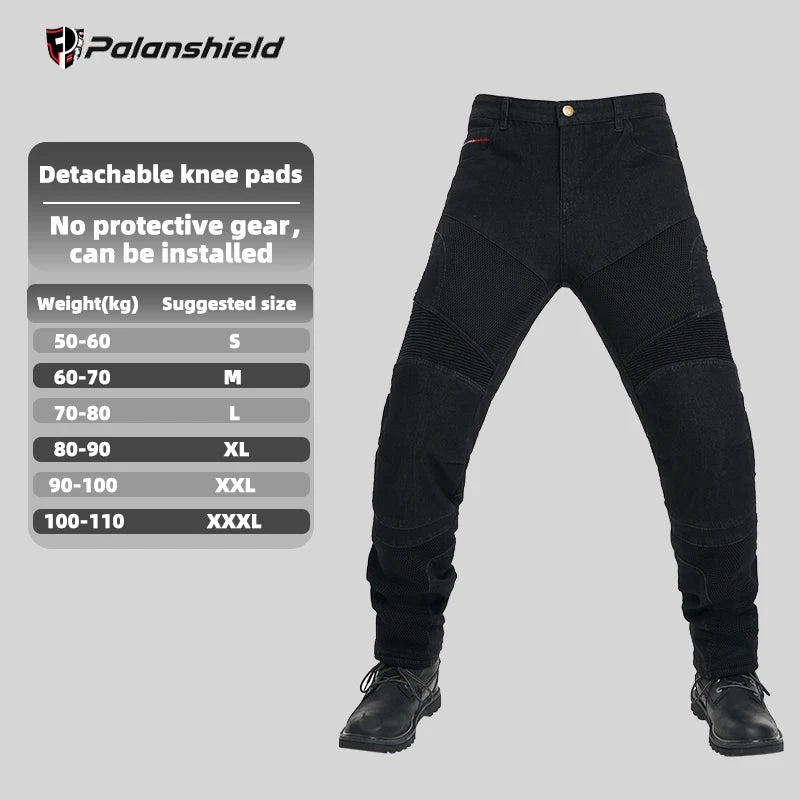 Men's blue and black motorcycle riding pants with removable armor and breathable mesh from FanzyMarket, designed for touring and motocross.