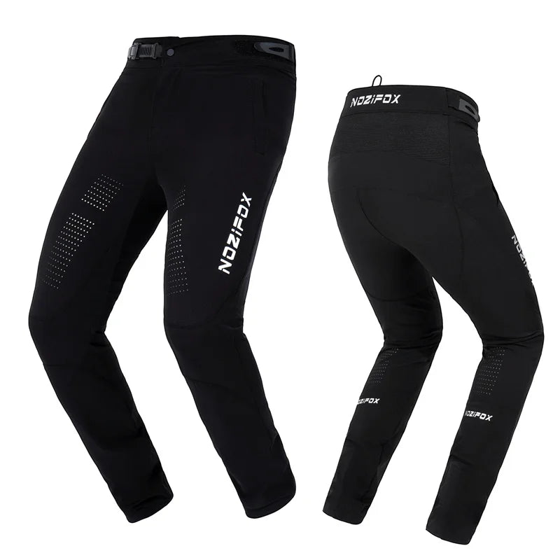 FanzyMarket men's motocross racing pants in black, designed for MTB, BMX, ATV, and downhill dirt bike riding, with reinforced knee areas.