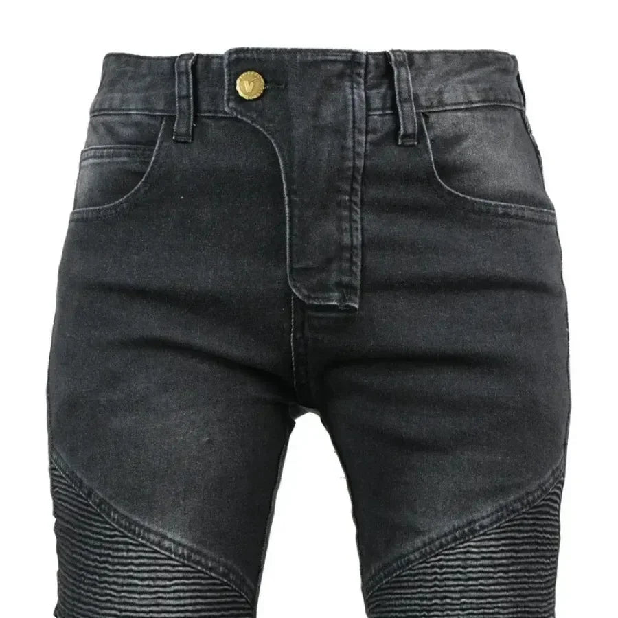 Black women's motorcycle riding jeans from FanzyMarket, waterproof and windproof protective moto pants for touring and riding comfort.