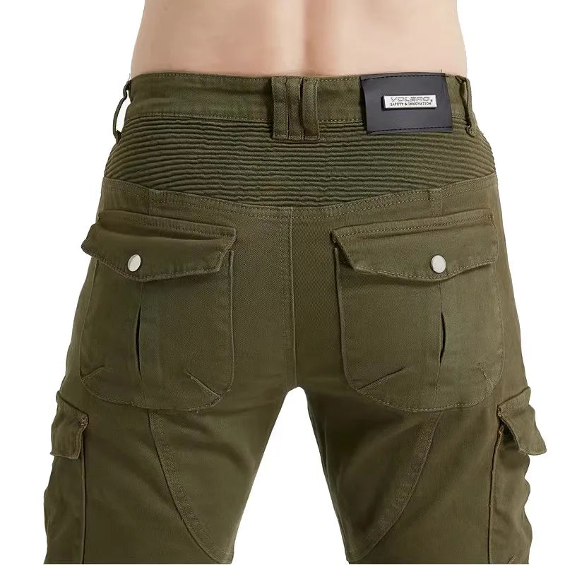 Men's motorcycle riding pants by FanzyMarket with detachable knee and hip protectors, four-season casual jeans, green color.