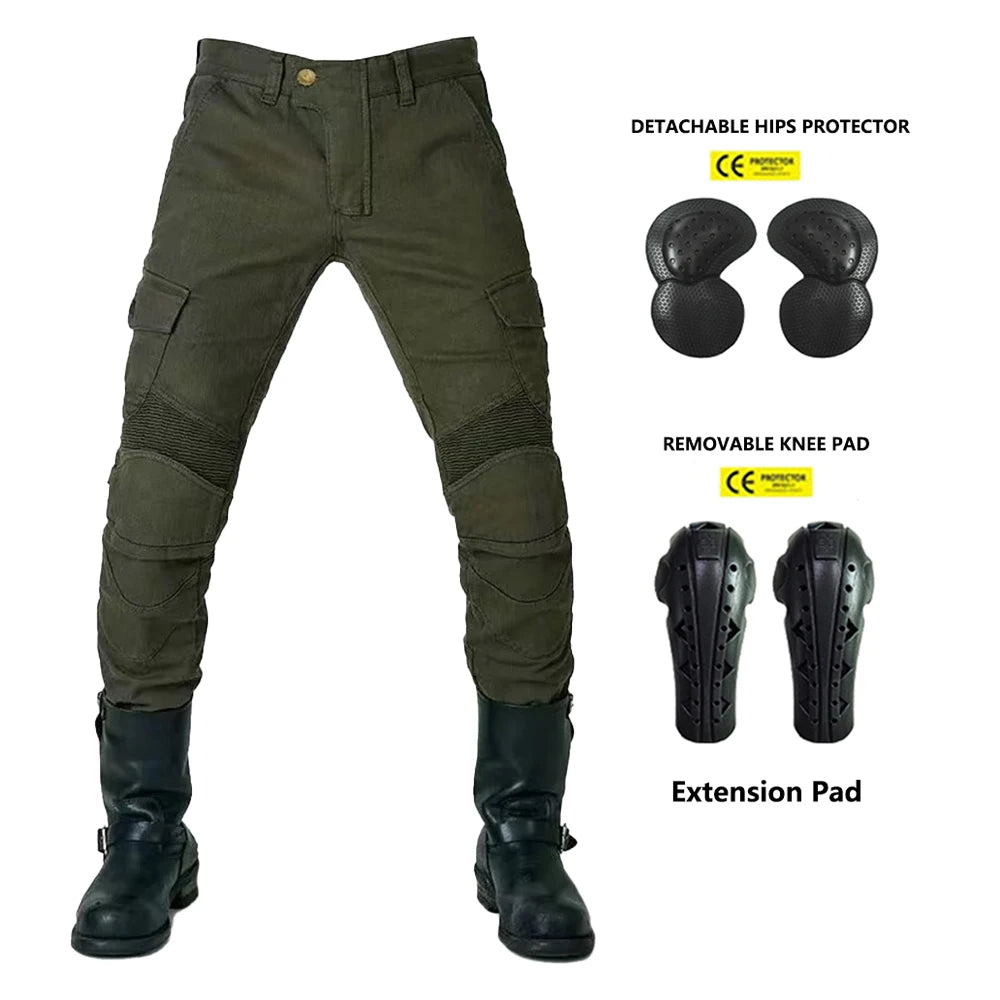 Men's motorcycle riding pants with green fabric, detachable knee and hip protectors, casual four-season jeans by FanzyMarket.