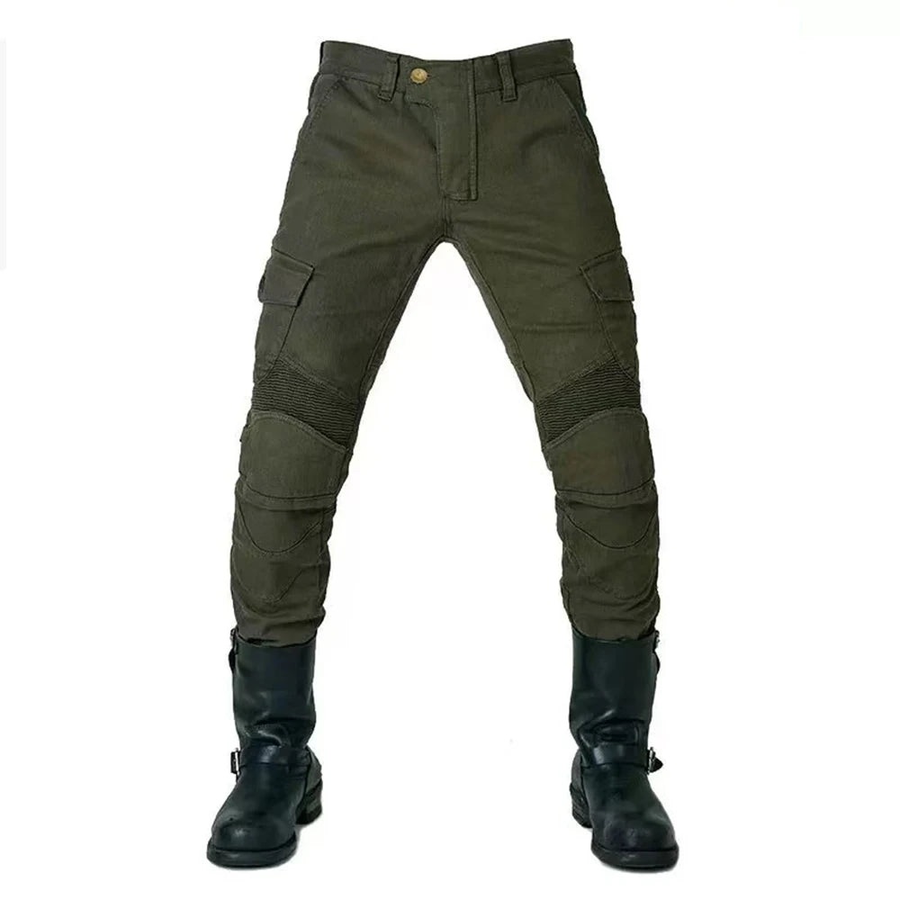 Green men's motorcycle riding pants with detachable knee and hip protectors, casual four-season jeans, made by FanzyMarket.