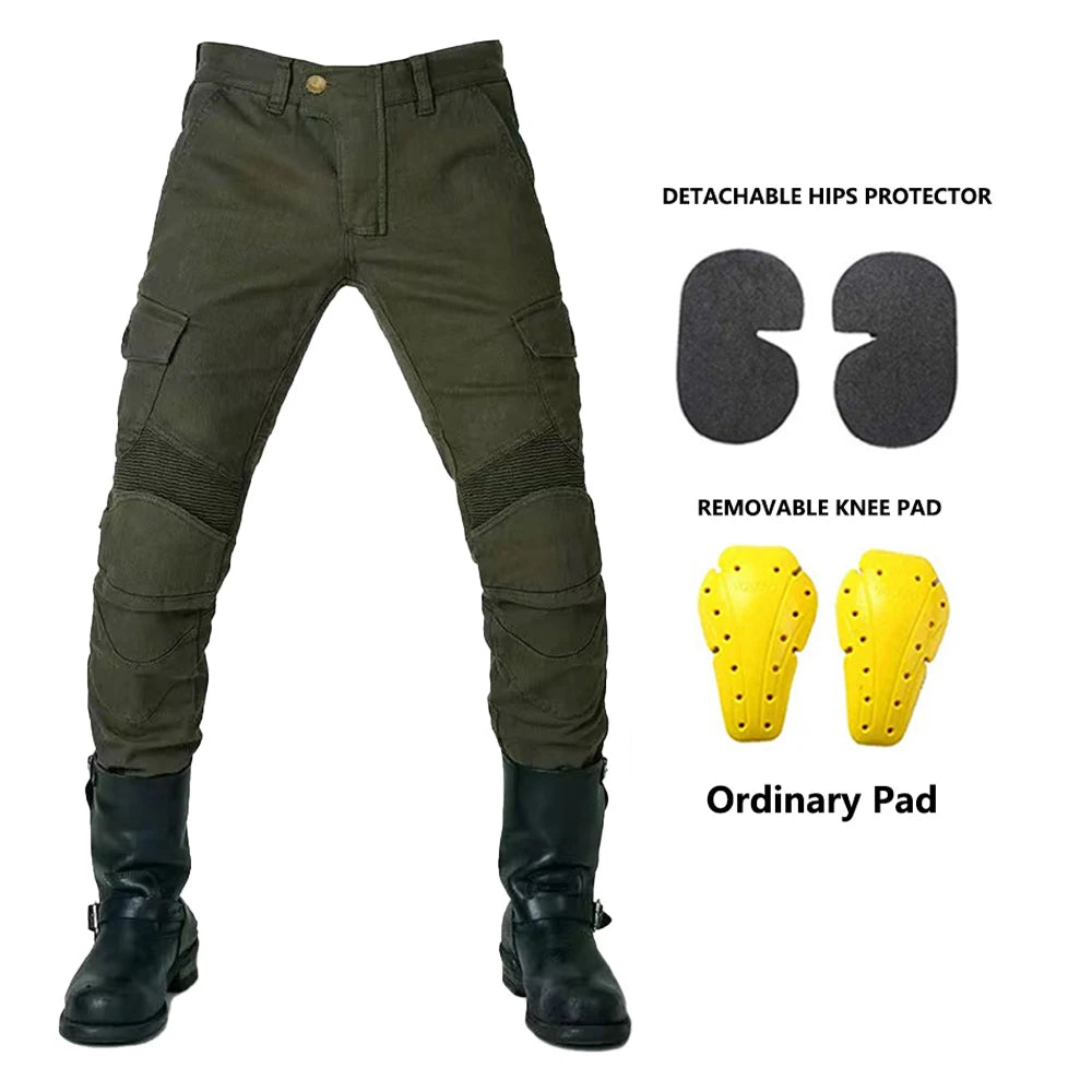 Men's motorcycle riding pants with detachable knee and hip protectors, in casual four-season jeans style by FanzyMarket.