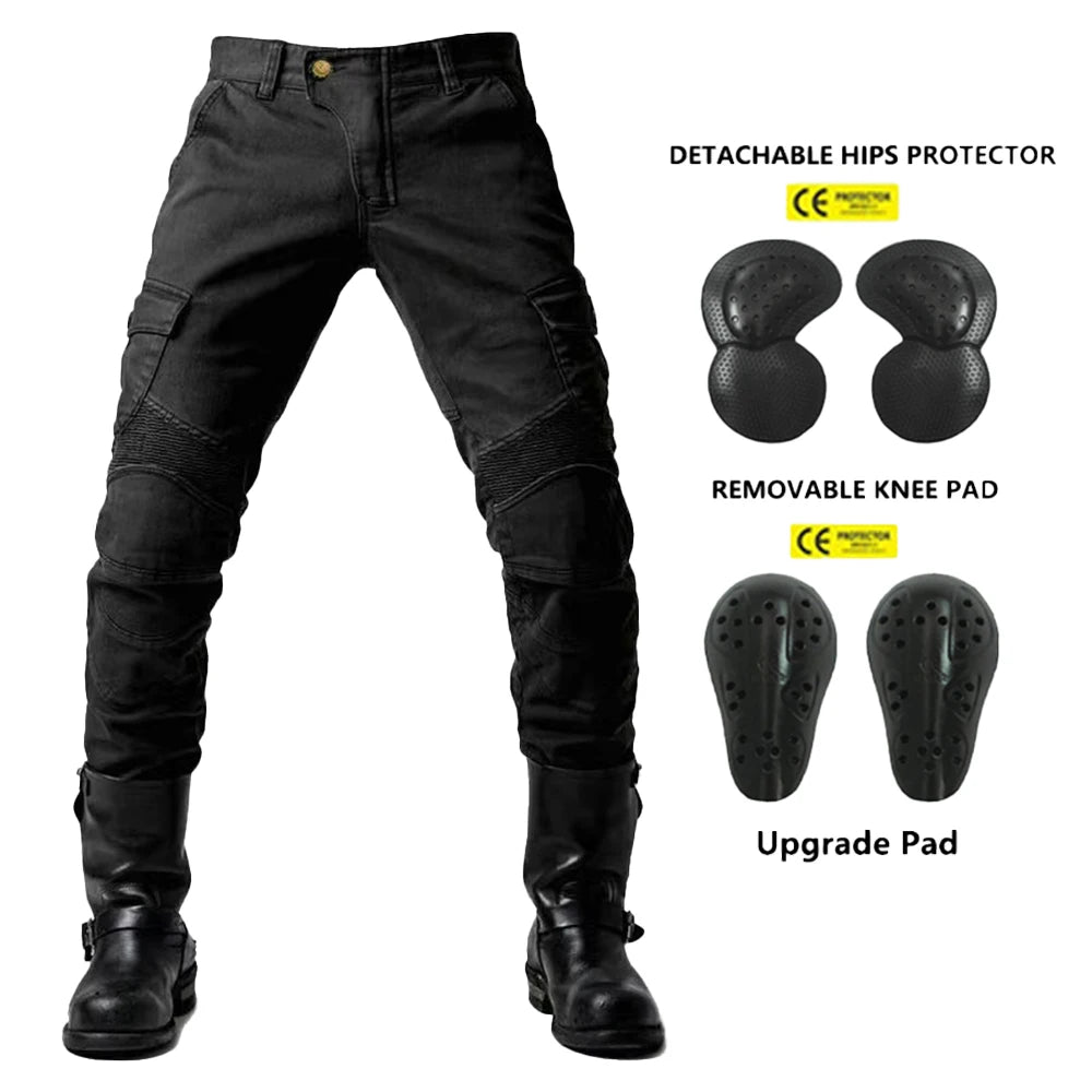 Men's motorcycle riding pants by FanzyMarket featuring green casual jeans design with detachable knee and hip protectors for four-season riding.