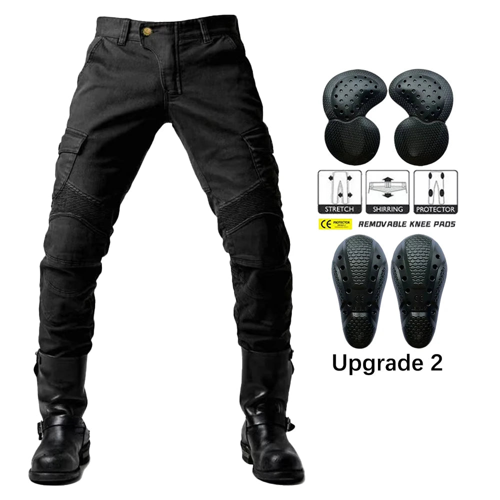 Men's green motorcycle riding pants with detachable knee and hip protectors, casual jeans design, suitable for four-season riding.