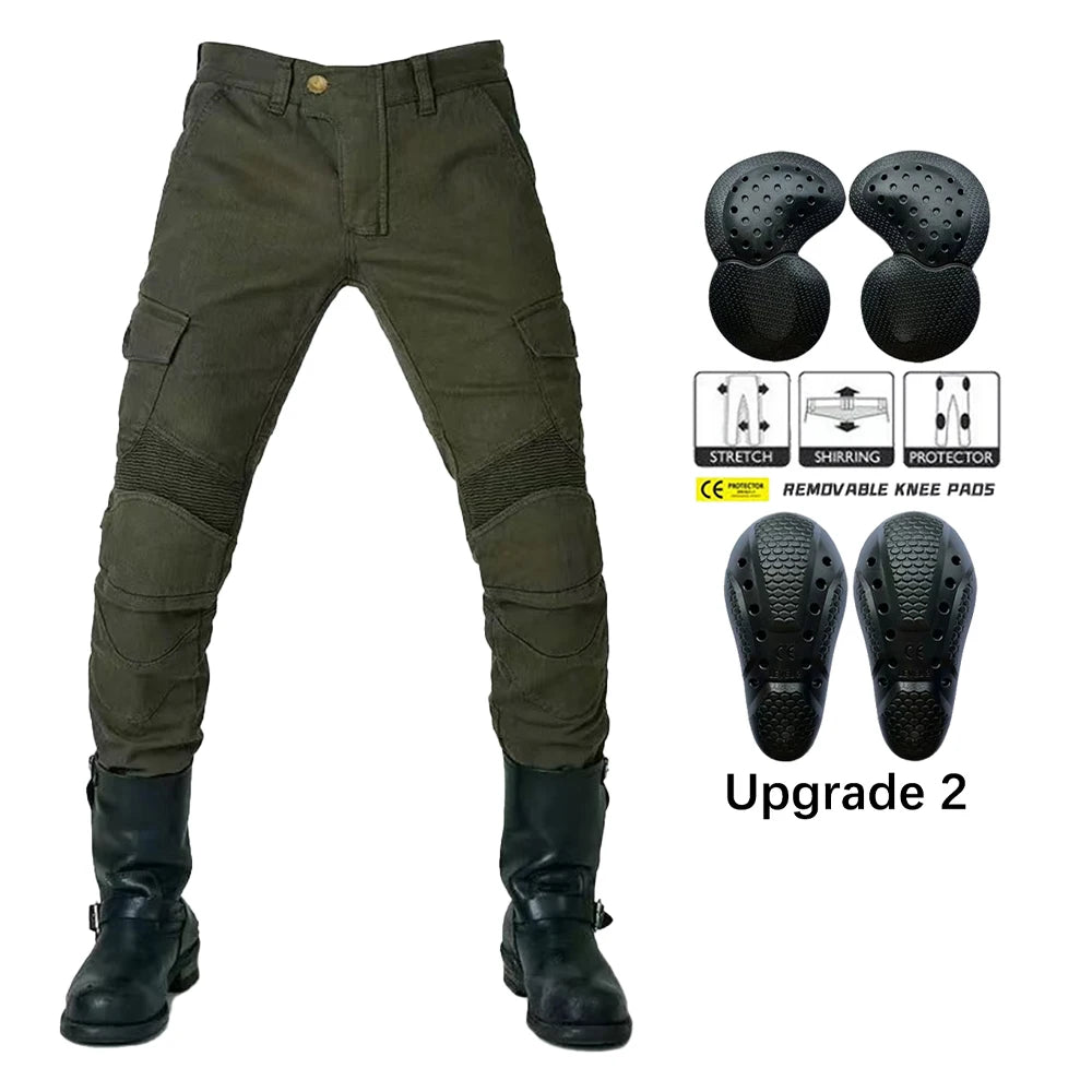 FanzyMarket men's motorcycle riding pants in green with detachable knee and hip protectors, four-season casual jeans for motorcycle gear.