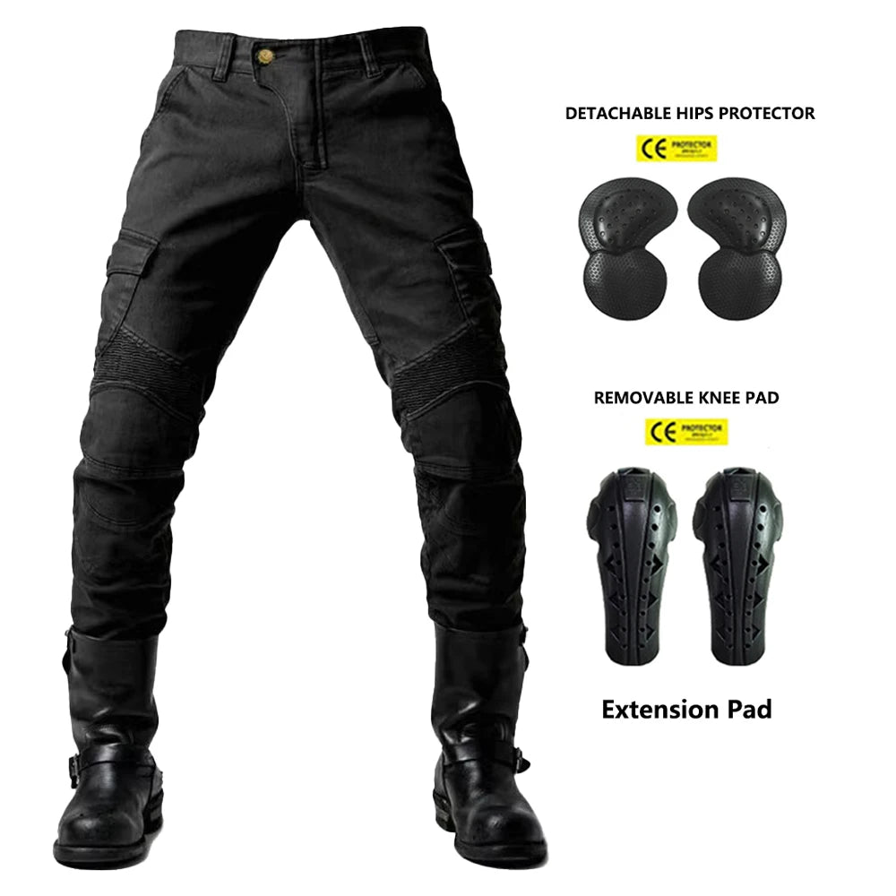 Men's motorcycle riding pants from FanzyMarket with detachable knee and hip protectors, four-season casual jeans in green.