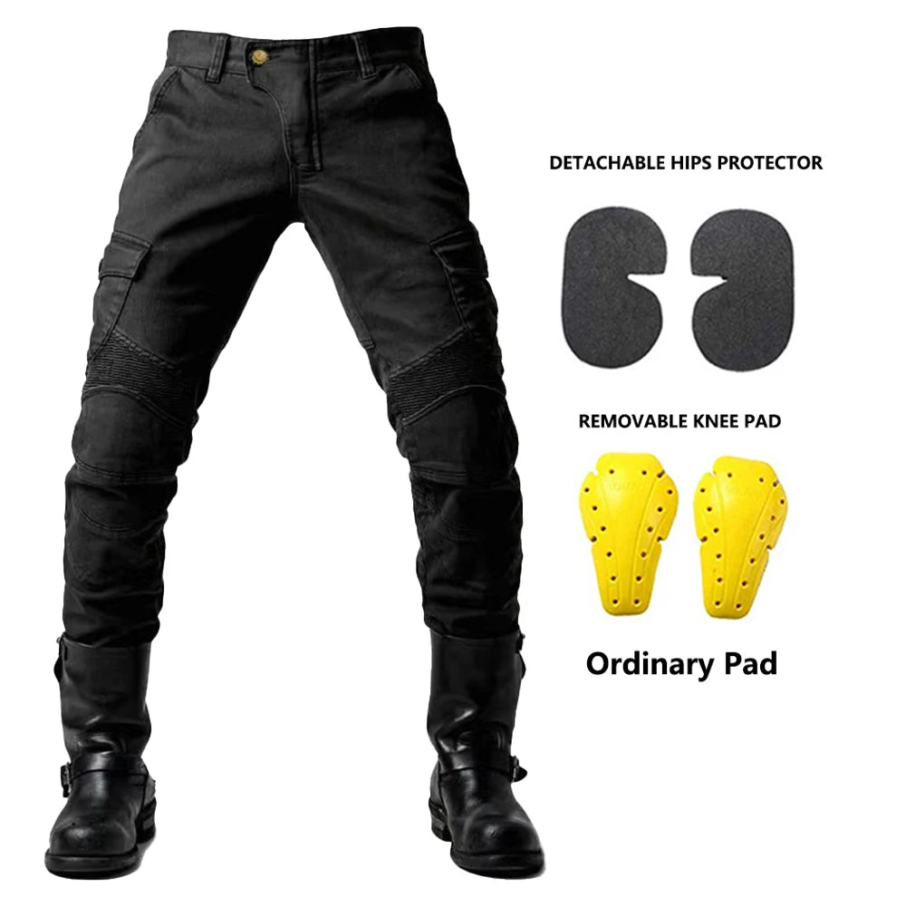 Men's motorcycle riding pants by FanzyMarket with green accents, featuring detachable knee and hip protectors, four-season casual jeans