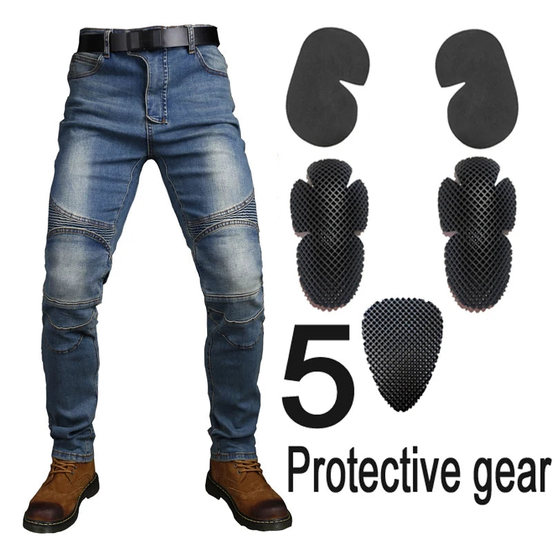 Black motorcycle riding jeans with removable CE Level 1/2 knee armor and Kevlar lining, designed for motorcycle racing and riding safety.