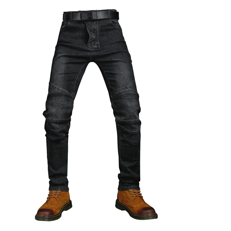 Black motorcycle riding jeans with removable CE Level 1/2 knee armor and Kevlar lining, designed for motorcycle safety and comfort.