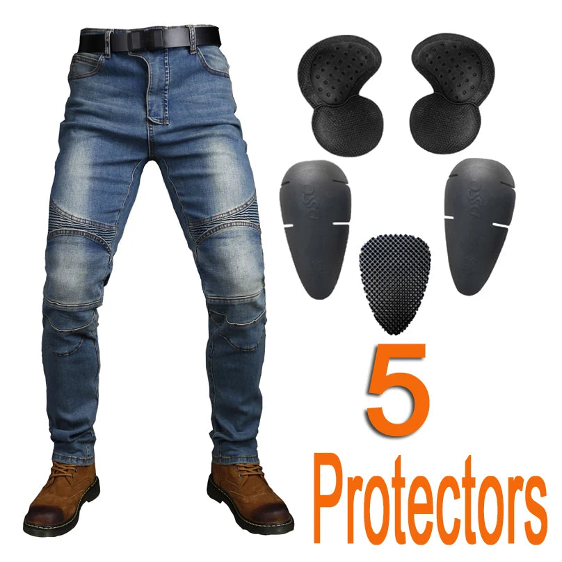 Black motorcycle riding jeans with removable CE Level 1/2 knee armor and Kevlar lining, designed for safety and comfort.