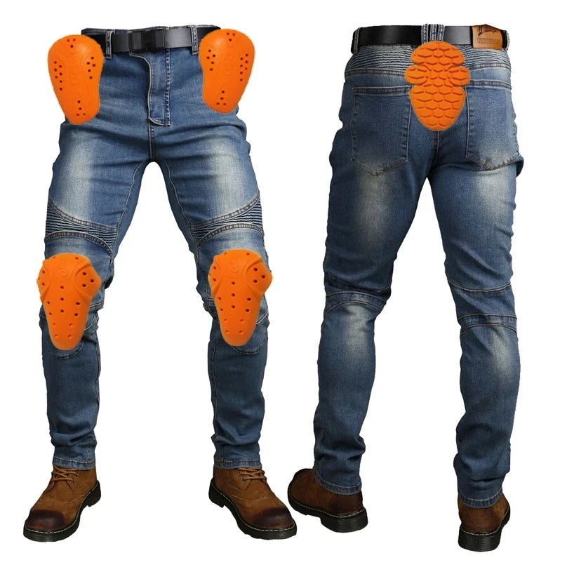 Black motorcycle riding jeans with removable CE Level 1/2 knee armor and Kevlar lining, designed for motorcycle safety and comfort.