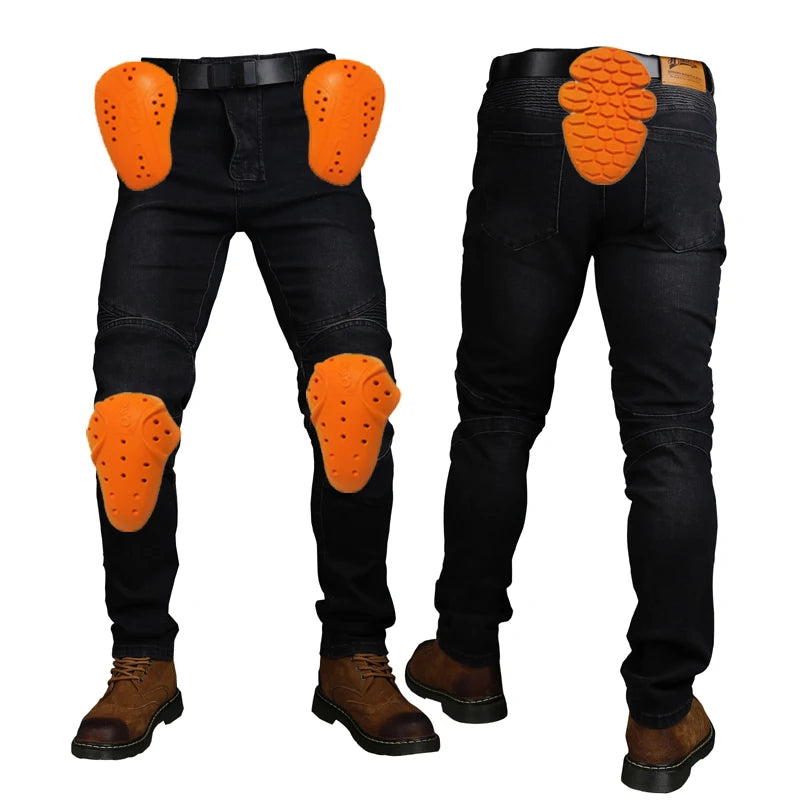 Black motorcycle riding jeans with removable CE Level 1/2 knee armor and Kevlar lining, designed for motorcycle safety and comfort.