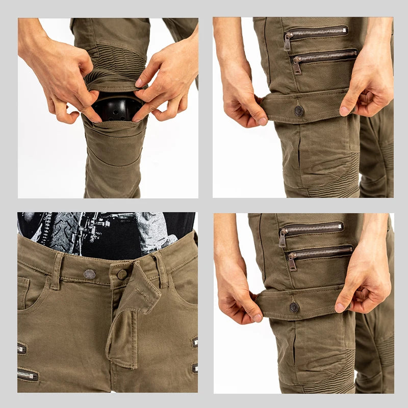Unisex khaki motocross riding jeans with removable knee pads and double-zip design from FanzyMarket for motorcycle gear.