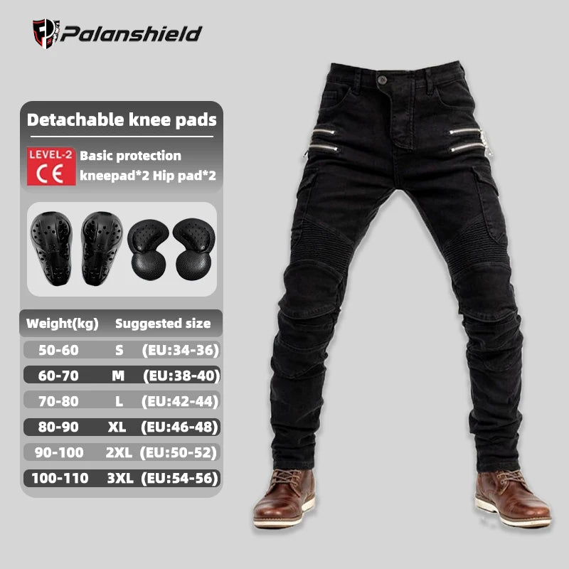 Khaki unisex motocross motorcycle riding jeans with removable knee pads and double-zip closures, designed for safety and comfort.