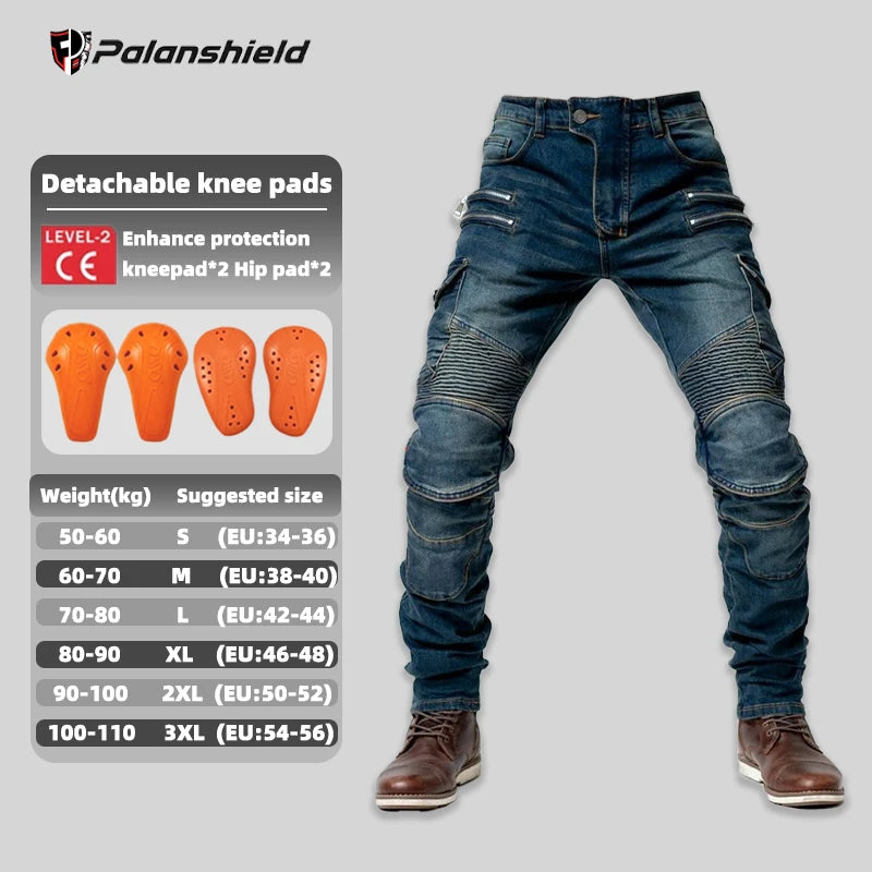 Unisex khaki motocross motorcycle riding jeans by FanzyMarket with removable knee pads and double-zip design.