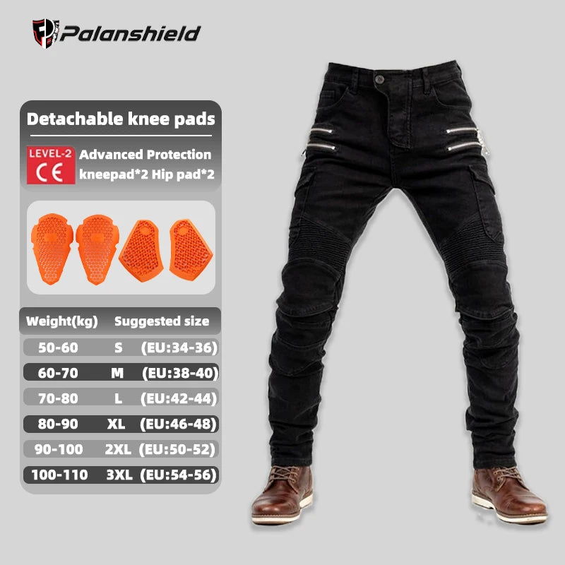 Unisex khaki motocross motorcycle riding jeans with removable knee pads and double-zip closures, designed for safety and comfort.