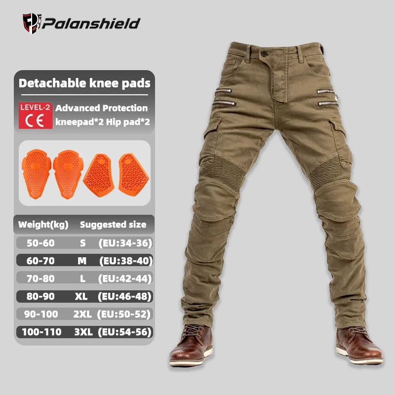 Khaki unisex motocross motorcycle riding jeans with removable knee pads and double-zip closure, designed for safety and comfort.